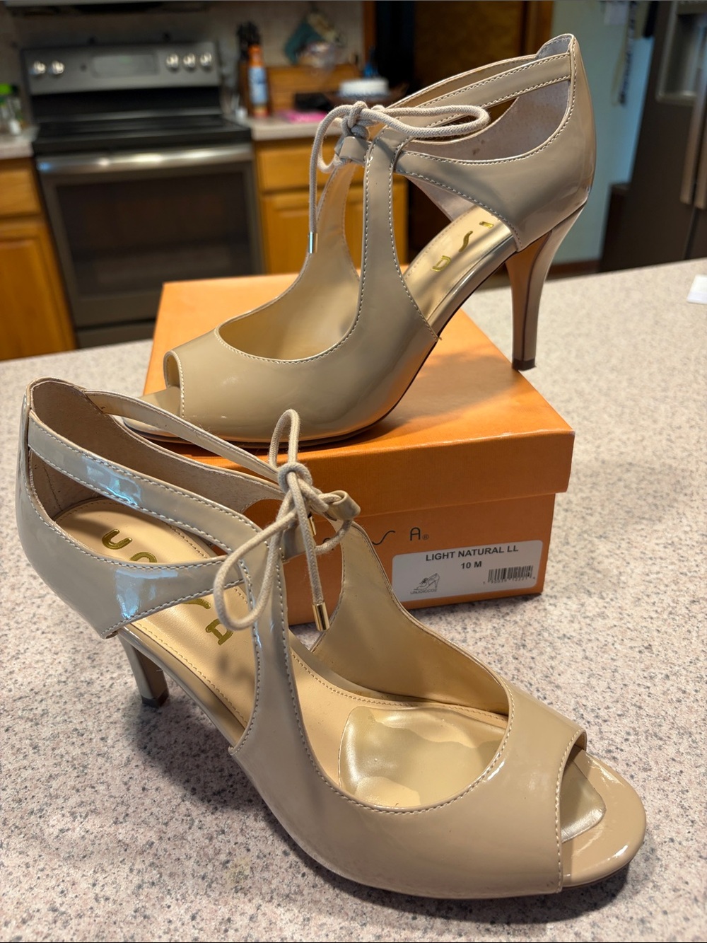 Unisa Light Natural Patent Peep-Toe Tie-Front Heels